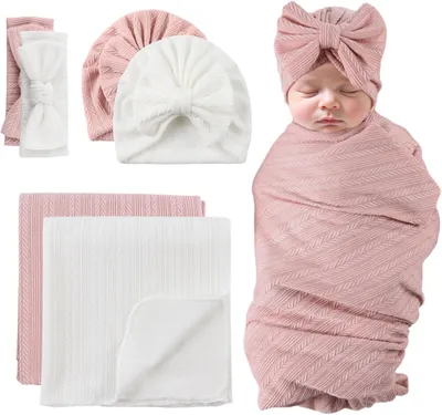 Produktbild von Baby Pucktuch Neugeborenes Swaddle Kleinkind Mädchen Hut Stirnband Schlafsack (Weiß + Dunkelrosa)