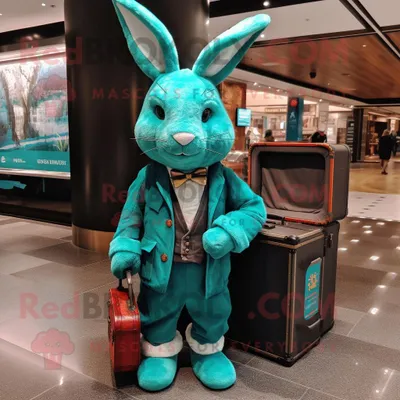 Productafbeelding van Turquoise Wild Rabbit mascotte REDBROKOLY kostuum karakter gekleed met een vest en aktetassen