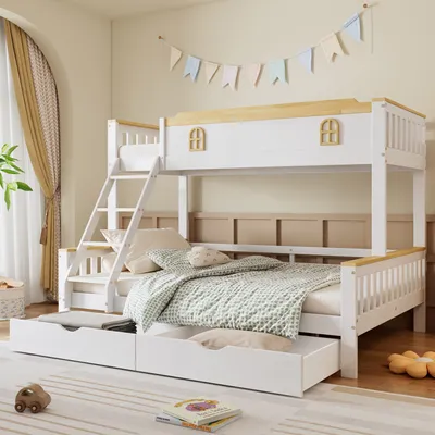 Produktbild von Flieks Etagenbett 90x200cm /140x200cm mit 2 Schubladen, Kinderbett mit Fenster und Rausfallschutz, Hochbett mit Lattenrost, Stockbett 2 Kinder, Weiß