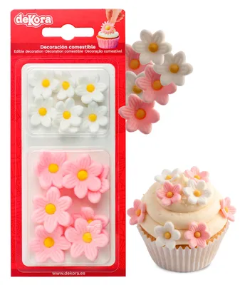Produktbild von Dekora - Essbare Blumen für Torte aus Zucker - Box mit 7 weißen und 7 rosa Gänse