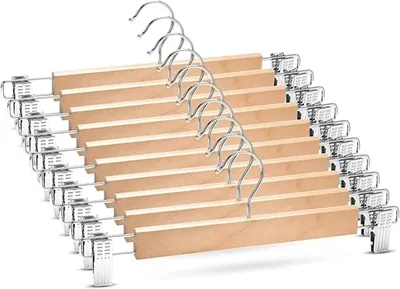 Obrázek produktu pro 10 x 30cm dřevěná a kovová ramínka na oblečení, ramínka na kalhoty, ramínka na sukně s klipy, ramínka s upínacími svorkami na kalhoty, ponožky a sukně, prostorově úsporná, háčky otočné o 360°