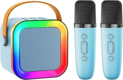 Immagine prodotto di Set karaoke per bambini con altoparlante Bluetooth portatile, 2 microfoni wireless, blu, per bambine e bambini dai 4 anni in su