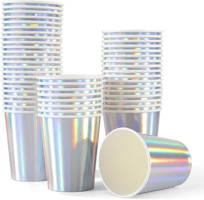 Imagen del producto de Vasos de papel holográficos plateados, de 250 ml, paquete de 50 unidades, para fiestas
