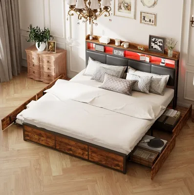 Image de CDGlobal Lit rembourré Lit métallique 180x200cm avec 4 tiroirs, éclairage LED, étagère de stockage, cadre de lit double, cadre métallique stable, lits de rangement, lit pour adolescents, PU, noir