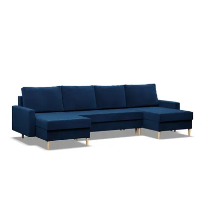 A blue sectional sofa with a chaise lounge is shown against a white background.