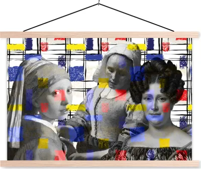 Produktbild von MuchoWow® Textilposter Collage - Mondrian - Gemälde 120x80 cm mit holzfarbenen Rahmen - Aufhängeset
