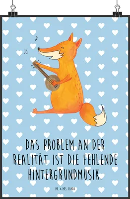 Produktbild von Mr. & Mrs. Panda Bild Fuchs Gitarre DIN A2 - Blau Pastell - Geschenk, Plakat, Kunstdruck, Wandbild, Singen, wanddeko, Füchse, Musik, Optimistisch, drucke