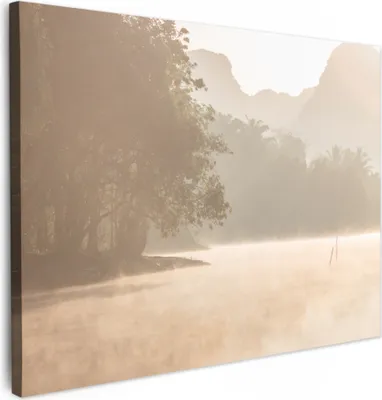 Produktbild von MuchoWow® - Leinwandbilder - Landschaft - Wald - Wasser - Nebel - Beige, Wandbild, Wanddeko Bilder Wohnzimmer, 80x60 cm