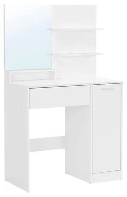 Image de CALICOSY - Coiffeuse blanche avec miroir, 1 tiroir, 2 étagères et armoire de rangement - L80 x H132 cm