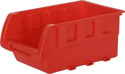 A red storage bin is shown from a diagonal angle against a white background.