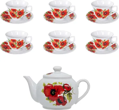 Produktbild von Set Teekanne Mohnblumen 0,9 L + Teeservice 12 Teilig 6 Tassen+ 6 Untertassen Porzellan