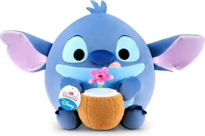 A stuffed toy of Stitch holding a coconut with a flower.