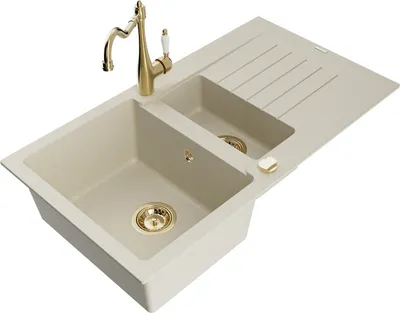 Produktbild von Mexen Matias 1,5-Becken-Granitspüle mit Abtropffläche und Mischbatterie Carla, Beige - 6502-69-670700-50