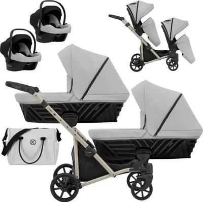 Produktbild von Kinderwagen IVENTO DUO 3 in 1 Komplettset Zwillingskinderwagen Geschwisterwagen Zwillingsbuggy Doppelkinderwagen (Dove Grey, Rahmenfarbe: champagne)