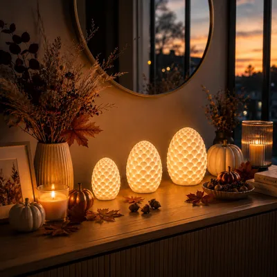 Produktbild von LED Porzellan Pinienzapfen Mittel Warmweiß 6H Timer Herbstdeko Tischdeko Fensterdeko Elegante Wohnraumdekoration Weiß
