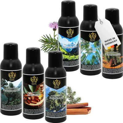 Produktbild von HAF Saunaaufguss Set „Naturkraft“ - 6 x 250ml Sauna Aufgussmittel Alpenkräuter, Birke, Fichtennadel, Latschenkiefer, Sandelholz, Kiefer