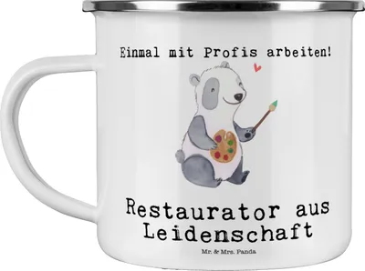 Produktbild von Mr. & Mrs. Panda Pott Restaurator Leidenschaft - Weiß - Geschenk, Teetasse, Emaille Becher, Haferl, Tasse, Emailletasse