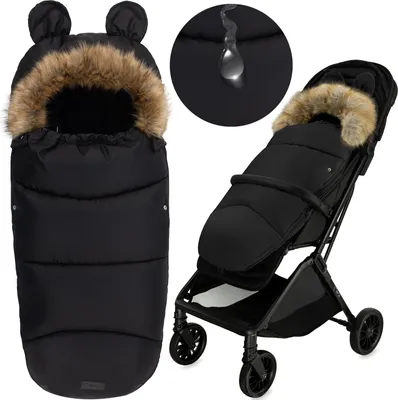 A black stroller footmuff with a fur-lined hood and ears, shown both on its own and installed in a stroller.