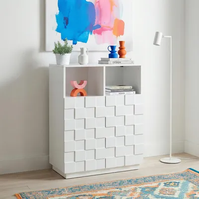 Zdjęcie produktu dla Szafka wysoka „Bopibobro” z 2 drzwiami, frontem 3D, 2 przegrodami, 86 x 64 x 36 cm, biała