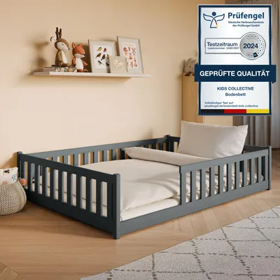 Produktbild von Kinderbett Bodenbett 140x200 cm mit Rausfallschutz & Lattenrost Montessori Bett Bed Gitterbett Kinder Jugendbett Einzelbett | Graphit