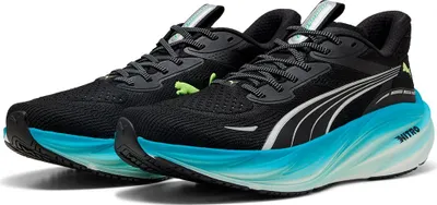A pair of black Puma running shoes with blue and white accents.