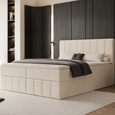Productafbeelding van Boxspringbed NOVA, 180x200 cm, met paneeloptiek, bedkasten, Bonell-matras, lichtbeige velours