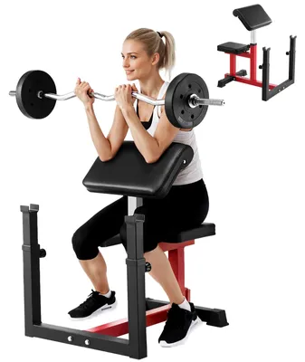 Zdjęcie produktu dla Ławka do ćwiczeń bicepsów (preacher curl) z wyciągiem na nogi, ławeczka do treningu siłowego (maksymalne obciążenie 200 kg), ławeczka fitness do użytku domowego, urządzenie fitness, stacja do ćwiczeń bicepsów z wykorzystaniem sztangi, ławeczka treningowa