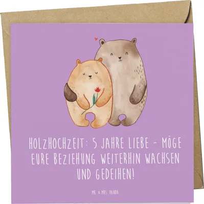 Produktbild von Mr. & Mrs. Panda Grußkarte 5. Hochzeitstag Holzhochzeit - Lavendeltraum - Geschenk, anlasskarte, Erinnerung, doppelkarte, Liebe feiern, Glückwunschkarte, faltkarte
