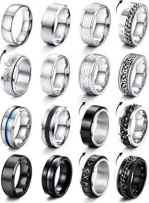Zdjęcie produktu dla Pierścionki męskie ze stali nierdzewnej w kolorze srebrnym i czarnym 16 sztuk Pierścionki zaręczynowe Vintage Biker Viking 316L 57
