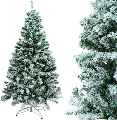 A full shot of a flocked artificial Christmas tree with a close-up detail shot on the right.