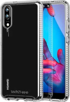 A clear phone case with a Huawei P20 phone inside, shown from the front and side.