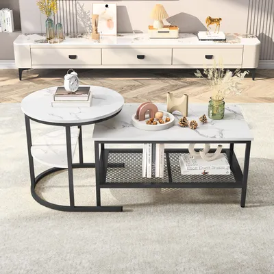 Produktbild von CDGlobal Couchtisch 2er Set, Moderne Wohnzimmertisch mit Marmormuster, Matt Satztisch mit Stauraum, für Wohnzimmer, Balkon und Büro, Metallgestell, Marmorweiß-Metallisches Schwarz