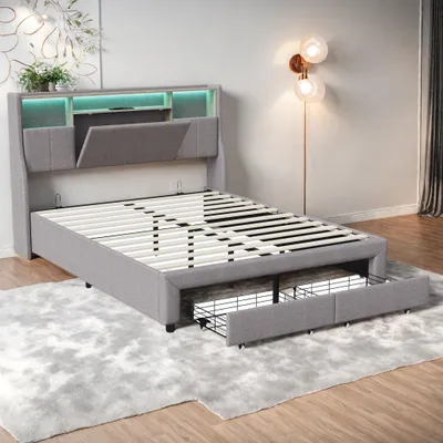 Obrázok produktu pre Čalúnená posteľ Fortuna Lai 160x200 cm, čelo s úložným priestorom a bočným vreckom, nabíjanie USB, LED, ľan, sivá