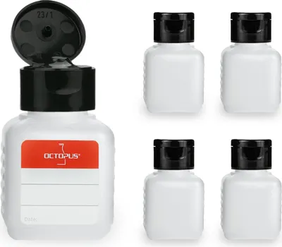 Produktbild von 5 Plastikflaschen 50 ml eckig aus HDPE, natur, G25, Klappscharnierverschluss aus PP schwarz