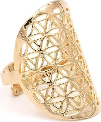 Produktbild von Ring „Blume des Lebens“ aus Messing in goldener Farbe – Packung mit 2 Stück – 3 x 2 cm