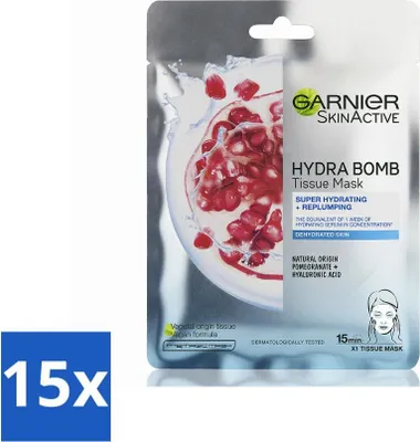 Image de Garnier - SkinActive - Hydra Bomb Sheet Mask - Grenade - Masque visage - 1 nettoyant visage - Pack avantage - 15 pièces