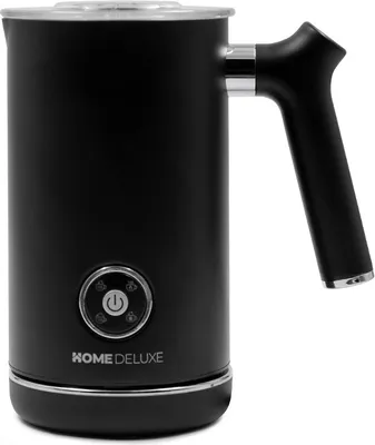 A black milk frother with a silver lid and handle accents, shown from a slightly diagonal front-left angle against a white background.