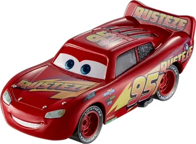 A red toy car, Lightning McQueen from the movie Cars, is shown from a side angle against a white background.