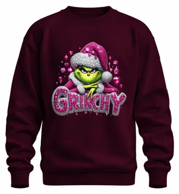 Imagen del producto de Sudadera o jersey uni, color burdeos, con diseño navideño "Grinchy", con detalles brillantes y llamativos, en color rosa. Talla S