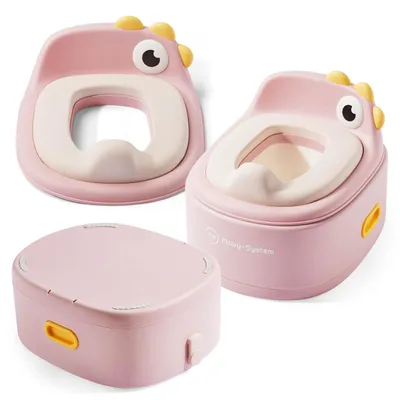 Obrázek produktu pro Moby System, dětská toaleta 3 v 1 s ochranou proti stříkání, sedátkem na toaletu a stupínkem, barva růžová, rozměry 39 × 32 × 17 cm, maximální nosnost 30 kg