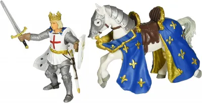 A toy knight figure and his horse are displayed against a white background.
