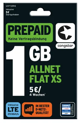 Produktbild von congstar Prepaid Allnet XS: 1 GB Datenvolumen & Flatrate für Telefonie und SMS, 5G-Speed, EU-Roaming