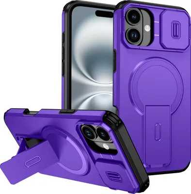 Produktbild von Magnetisch Hülle für iPhone 16 Plus, Dual Layer Stoßfest Handyhülle mit Dia Kameraschutz, Verstellbarem Ständer Lila