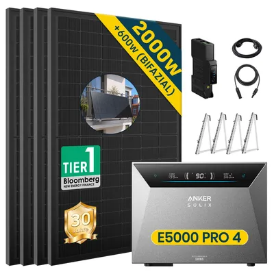 Produktbild von Balkonkraftwerk 2000W (4x500W) mit Anker Solix Solarbank 4 E5000 Pro, Mit Balkon Halterung