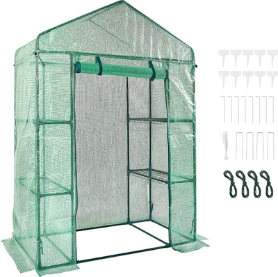 Obrázek produktu pro VEVOR filmový skleník 141x74.5x205cm rajčatový skleník 15kg nosnost skleník zahradní domek studený rám PE materiál ocelová trubka rajčatový dům zeleninový skleník se 4 policemi rostlinný dům