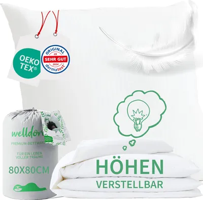 Produktbild von Welldora Premium Kopfkissen 80x80 höhenverstellbar - 100% Daunenfasern & Federn - Ergonomische Innovation: anpassbar fest bis weiches Kissen