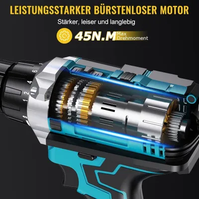 Produktbild von 21V Akkuschrauber Set 45Nm Akku bohrschrauber mit 2x 1500mAh Akkus 2-Gang, Drehmoment auf 18+1 Stufen bohrschrauber