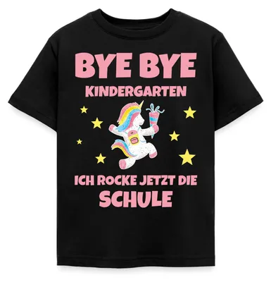 Produktbild von Spreadshirt Bye Bye Kita Ich rocke jetzt die Schule Einhorn Kinder T-Shirt, 110/116 (5-6 Jahre), Schwarz