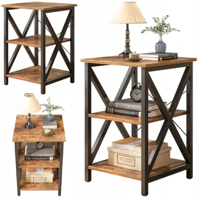 Collage of three images showing a rustic wooden side table with black metal accents, styled with books, a lamp, and decorative items.