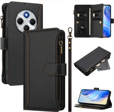 Image de Etui pour Xiaomi Redmi A4, zippé, étui portefeuille en cuirPolyuréthaneavec pochettes pour cartes, support et dragonne noir